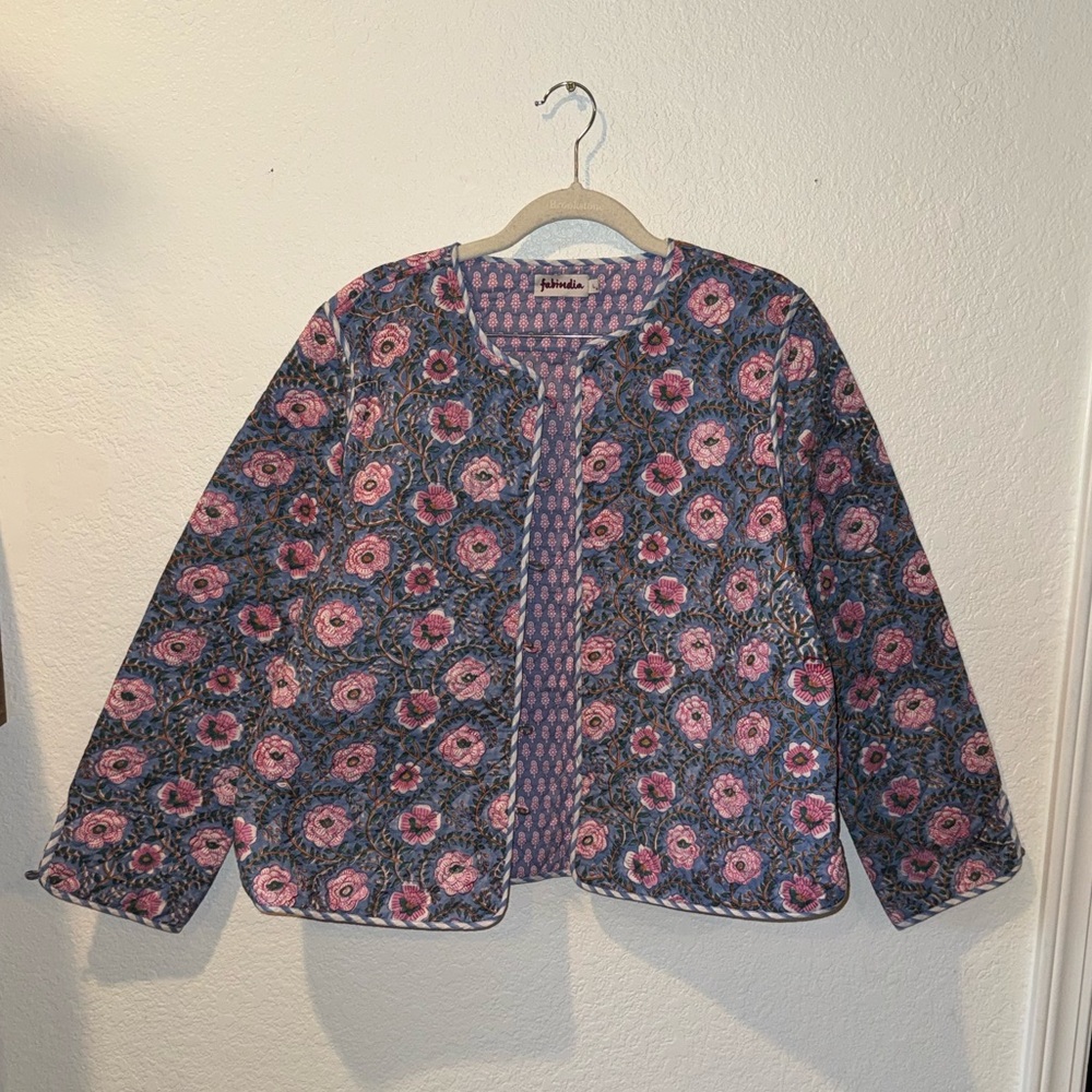 Fabindia Purple Floral Block Print 100% Cotton Quilted Button Front Jacket Large - Picture 3 of 10